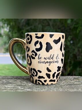 Pier 1 Leopard Print Ceramic Mug with Gold Handle — Be Wild & Courageous